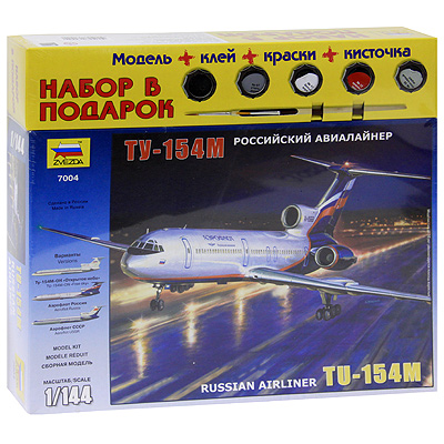 Набор для сборки и раскрашивания "Российский авиалайнер Ту-154М" сборке, клей, 4 краски, кисть инфо 13224d.